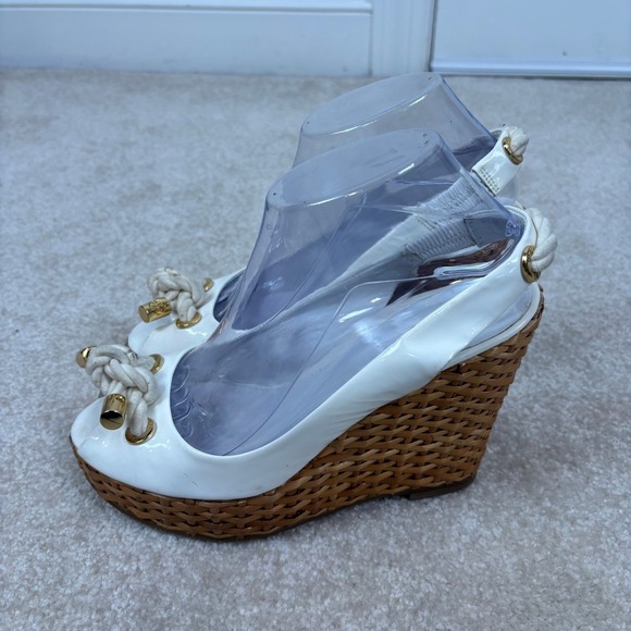 Tory Burch White Patent Leather Rope Detail Wedge Peep Toe Size 8.5 - Picture 5 of 12